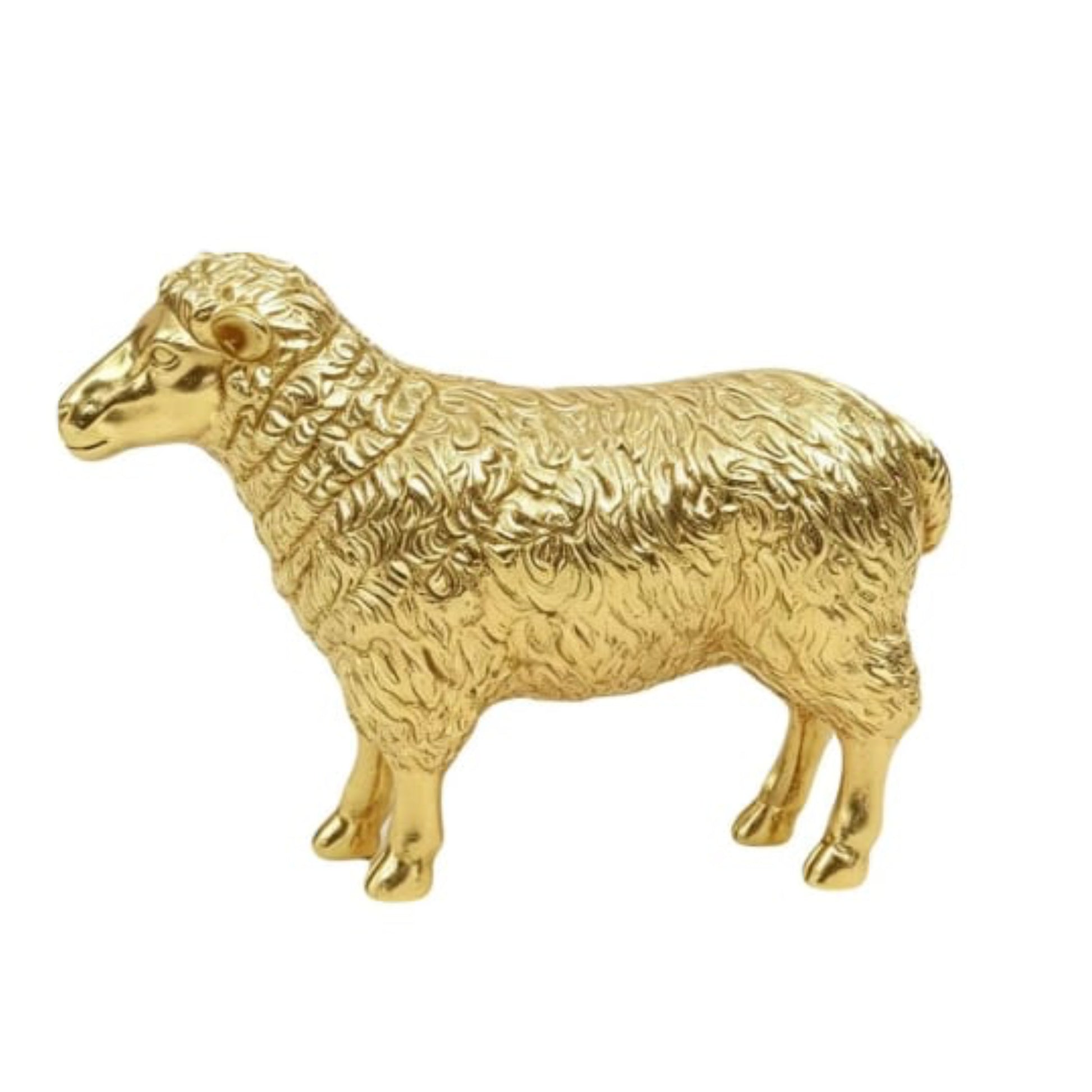 A polished gold-colored metal figurine of a sheep, showcasing detailed textured wool and a shiny, reflective finish, set against a plain white background.