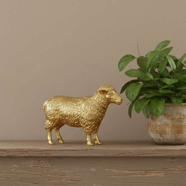 A small metallic gold sheep figurine standing on a rustic wooden shelf next to a green potted plant against a warm beige wall.
