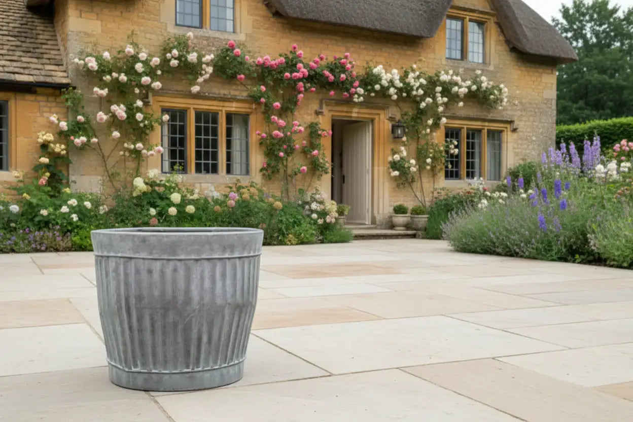 Decorative planter in front of a house with floral arrangements.