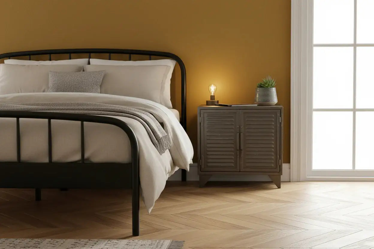 Bedroom with a bed, nightstand, and window.