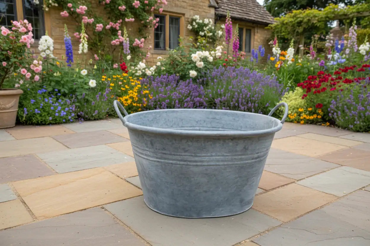 Metal basin on a stone patio with a garden of flowers in the background
