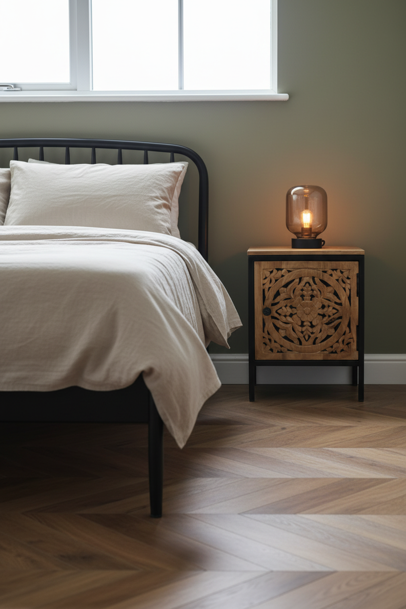 Bedroom with a bed and nightstand featuring a lamp.