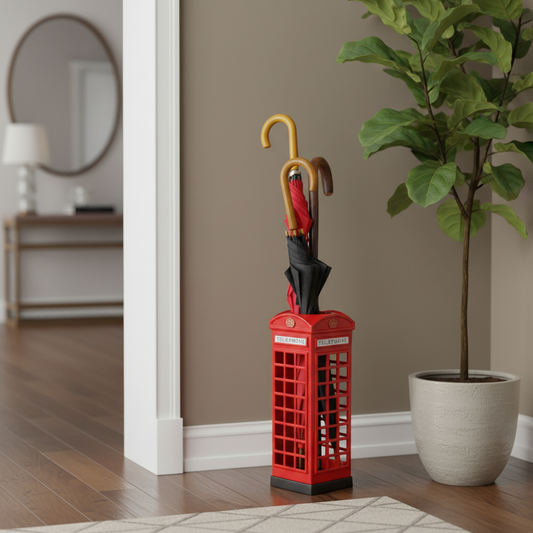 Red umbrella stand with a phone box design next to a potted plant in a room.