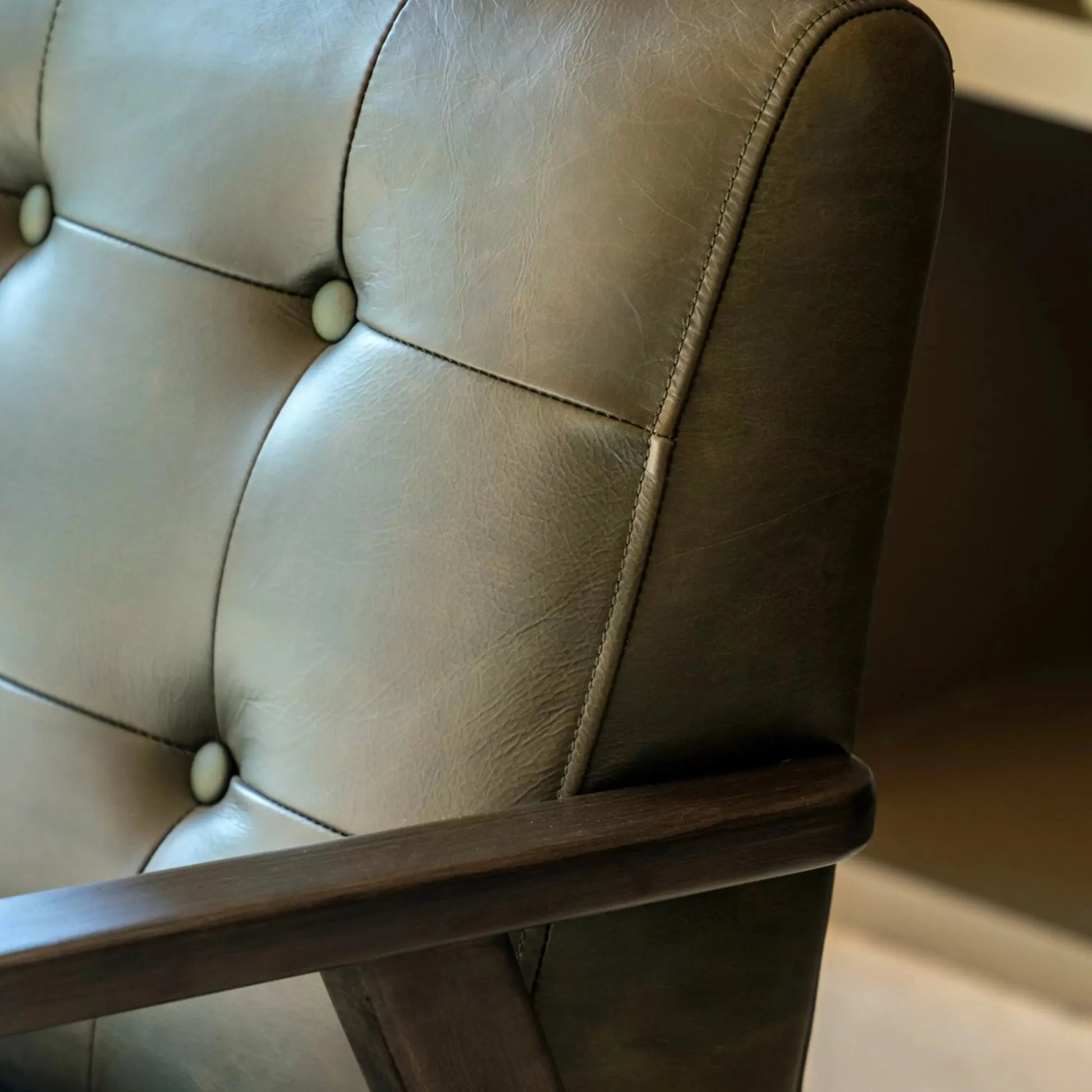 Mid Century Green Leather Button Back Armchair