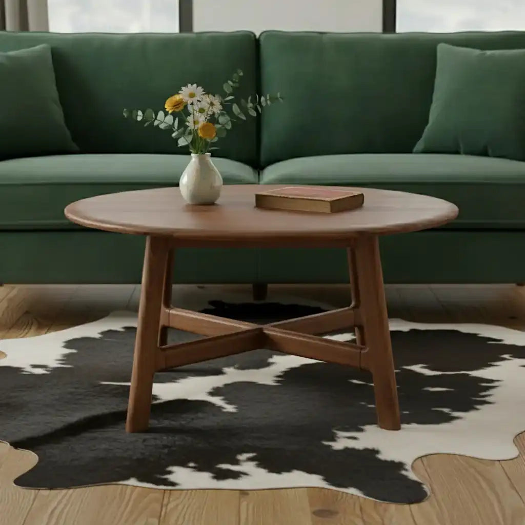 Wooden coffee table in front of a green sofa on a wooden floor