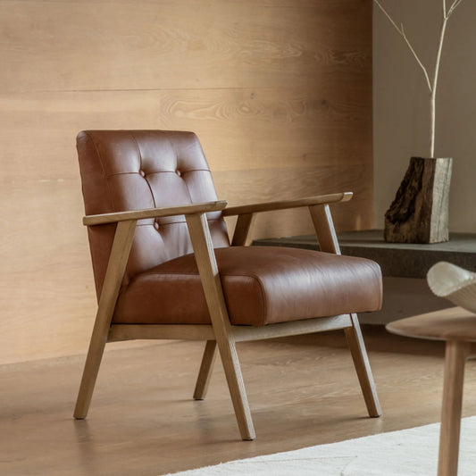 Mid Century Brown Leather Button Back Armchair 999