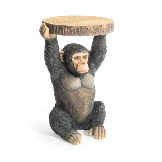 Monkey figurine holding a wooden platform on a white background