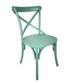 Mint green chair with a cross-back design on a white background