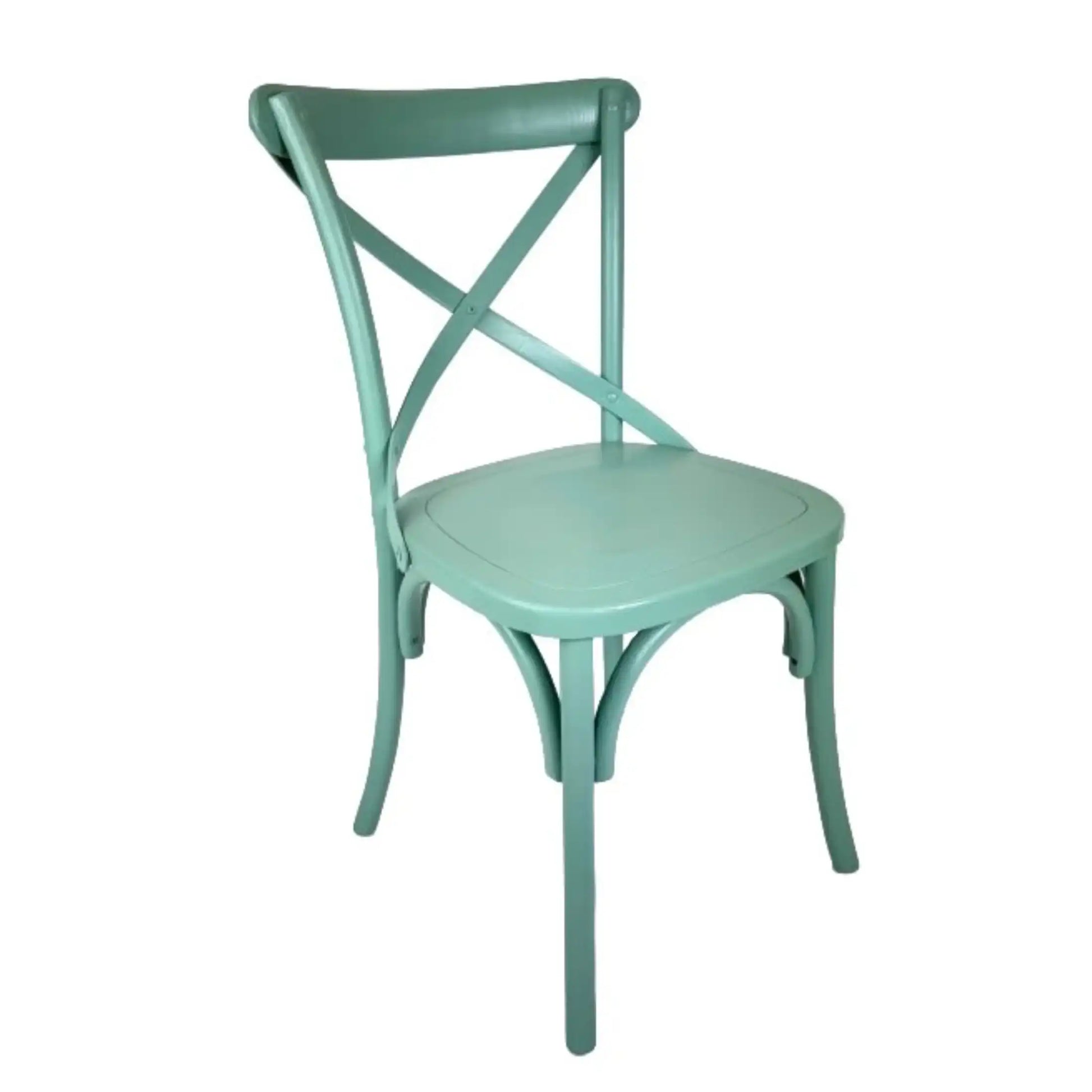 Mint green chair with a cross-back design on a white background