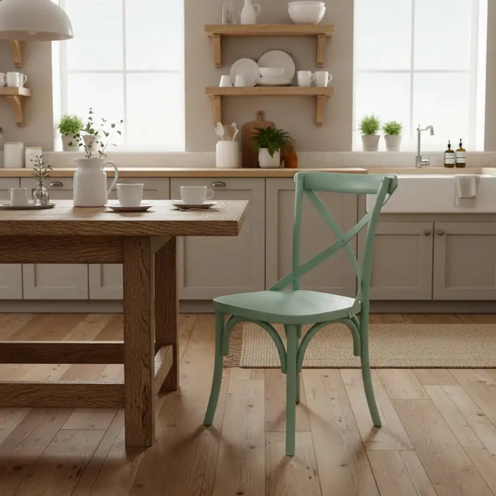 Kitchen with wooden table and green chair, shelves with kitchenware, and a sink.