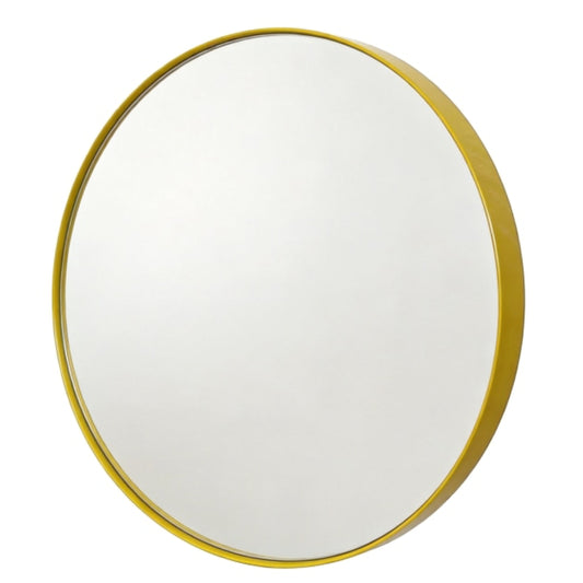 Round wall mirror with a slim metallic gold frame, shown against a plain white background.