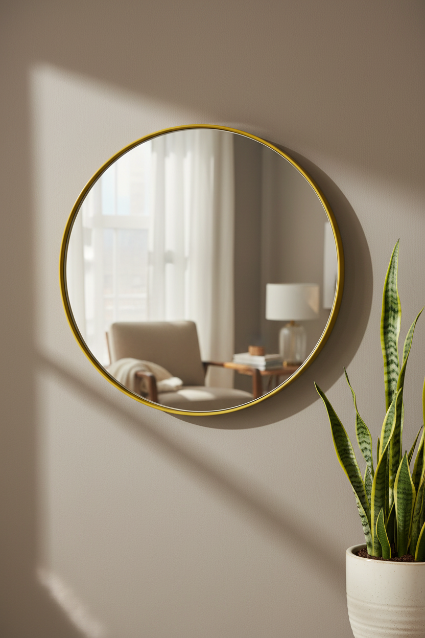 Round wall mirror with a thin gold frame mounted on a beige wall, reflecting a softly lit living room interior. A potted snake plant is visible in the lower right corner.