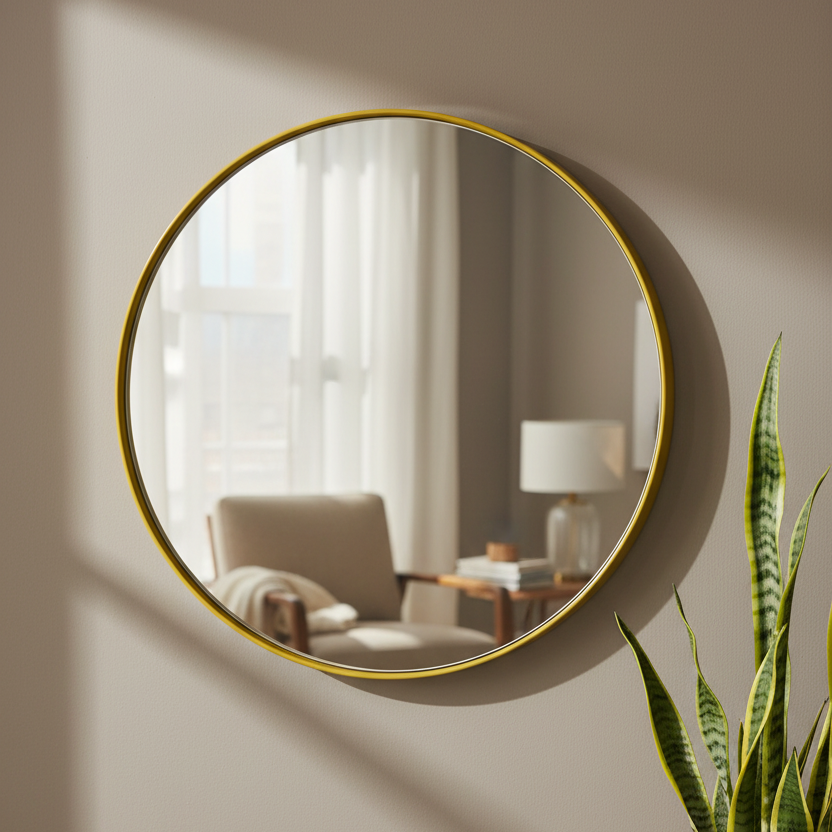 Round wall mirror with a thin gold frame, mounted on a beige wall. The mirror reflects a softly lit living room with a chair, side table, and lamp, while a green snake plant is visible in the foreground.