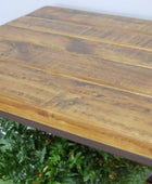 Wooden table with a plant in the foreground