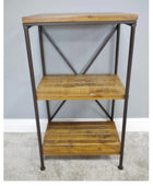Three-tiered wooden shelf with metal frame against a gray wall.