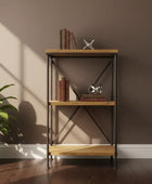 Wooden bookshelf with books and decor against a brown wall