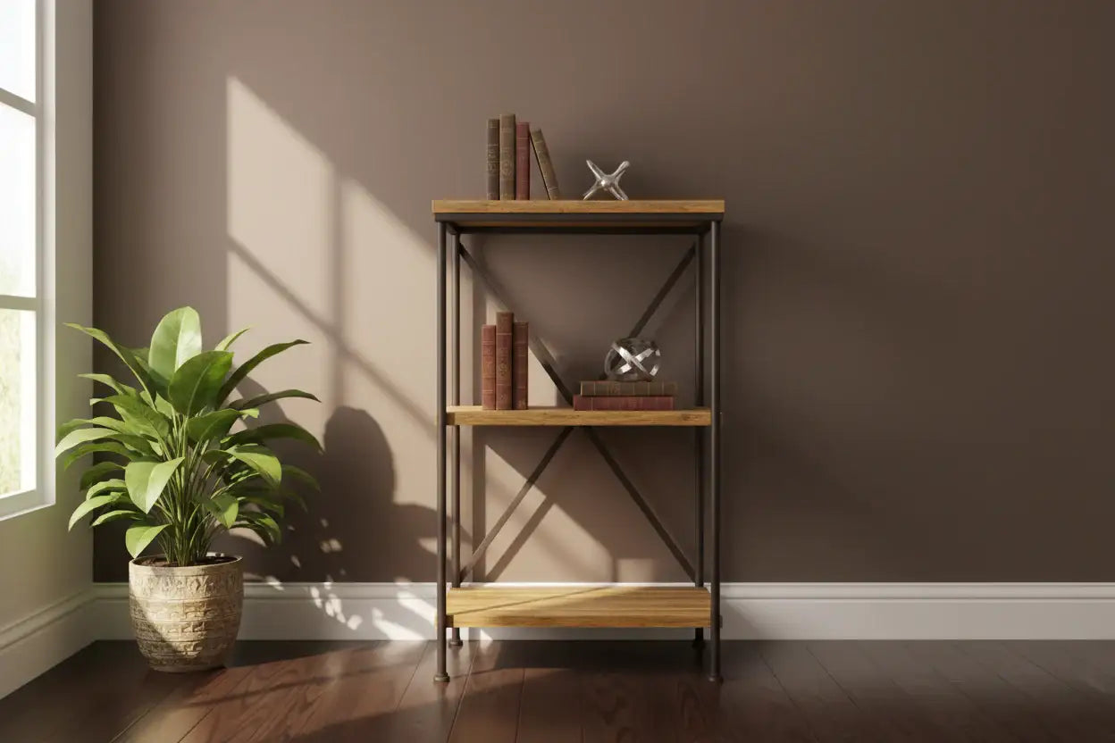 Wooden bookshelf with books and decor against a brown wall