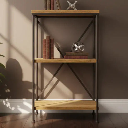 Wooden bookshelf with books and decorative items against a brown wall.