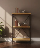 Wooden bookshelf with books and decorative items against a brown wall.