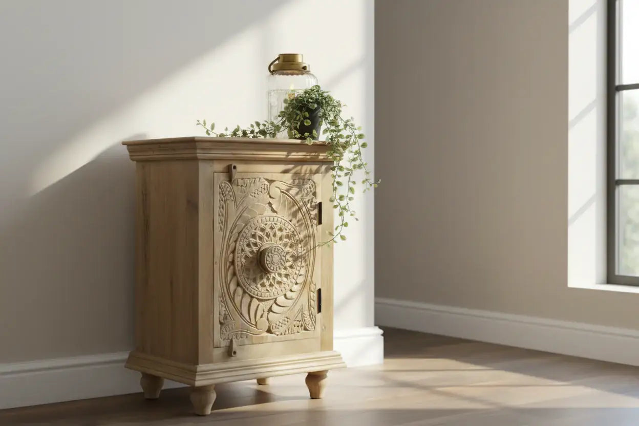 Narrow Rustic Craved Wood Cabinet 54