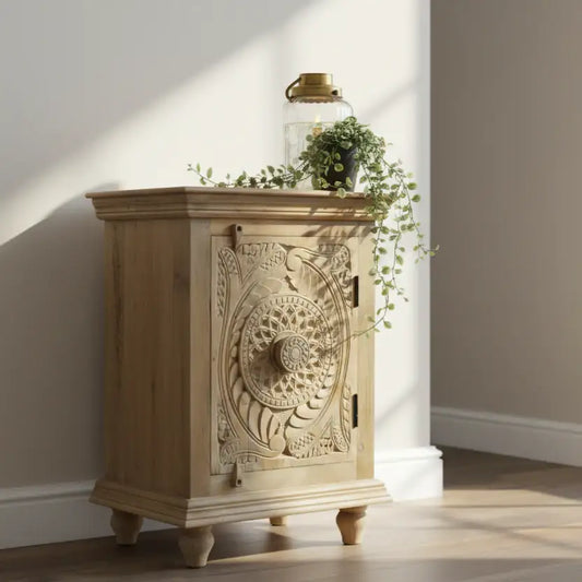 Narrow Rustic Craved Wood Cabinet