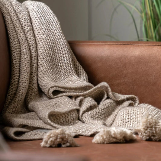 Natural Beige Knitted Tassel Throw