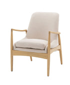 Beige armchair with wooden frame on a white background