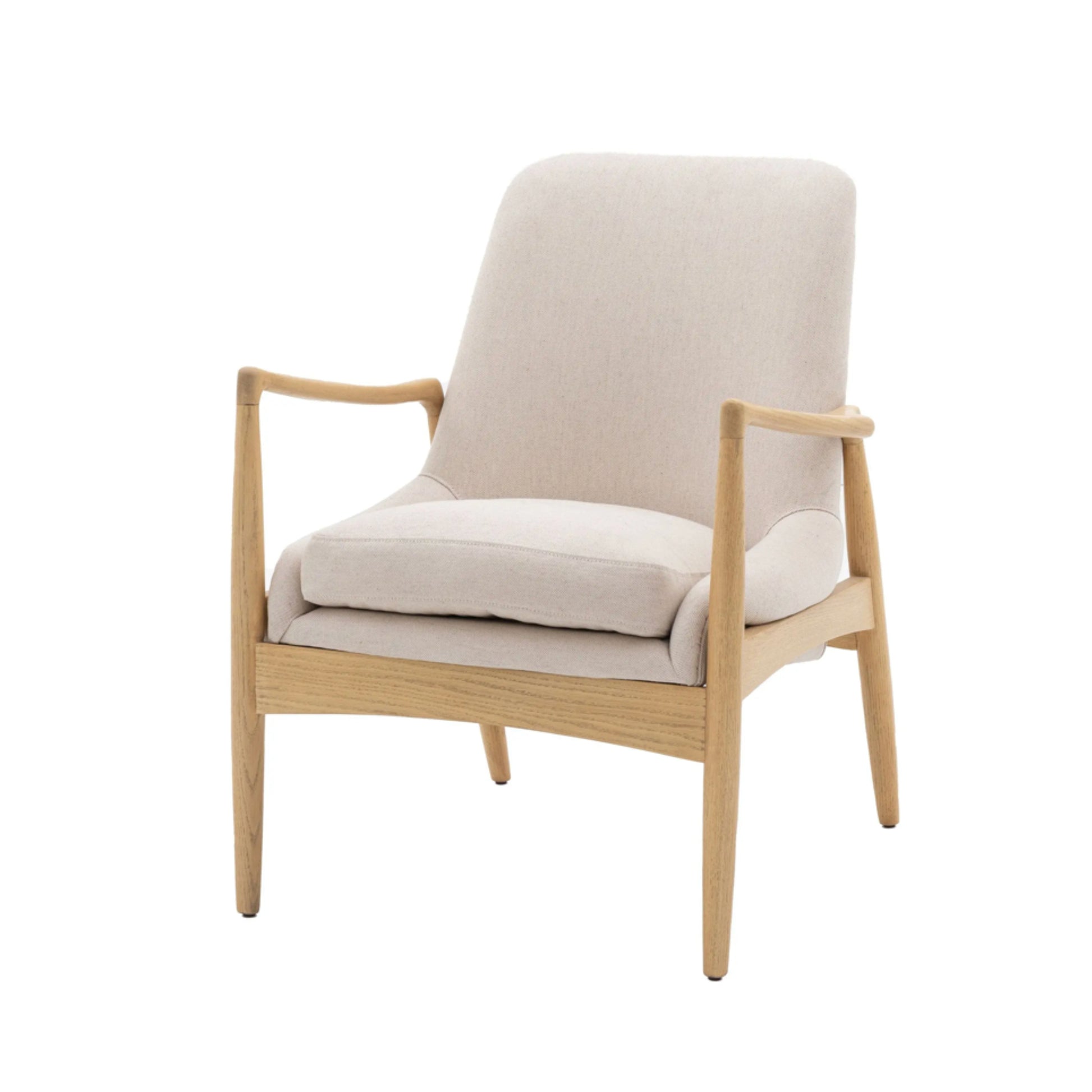 Beige armchair with wooden frame on a white background