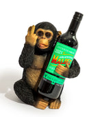 A novelty figurine of a seated chimpanzee holding a large wine bottle. The bottle has a green label that reads 'INTENSE & RICH ARGENTINA MALTED MALTED MALTED 2022'.