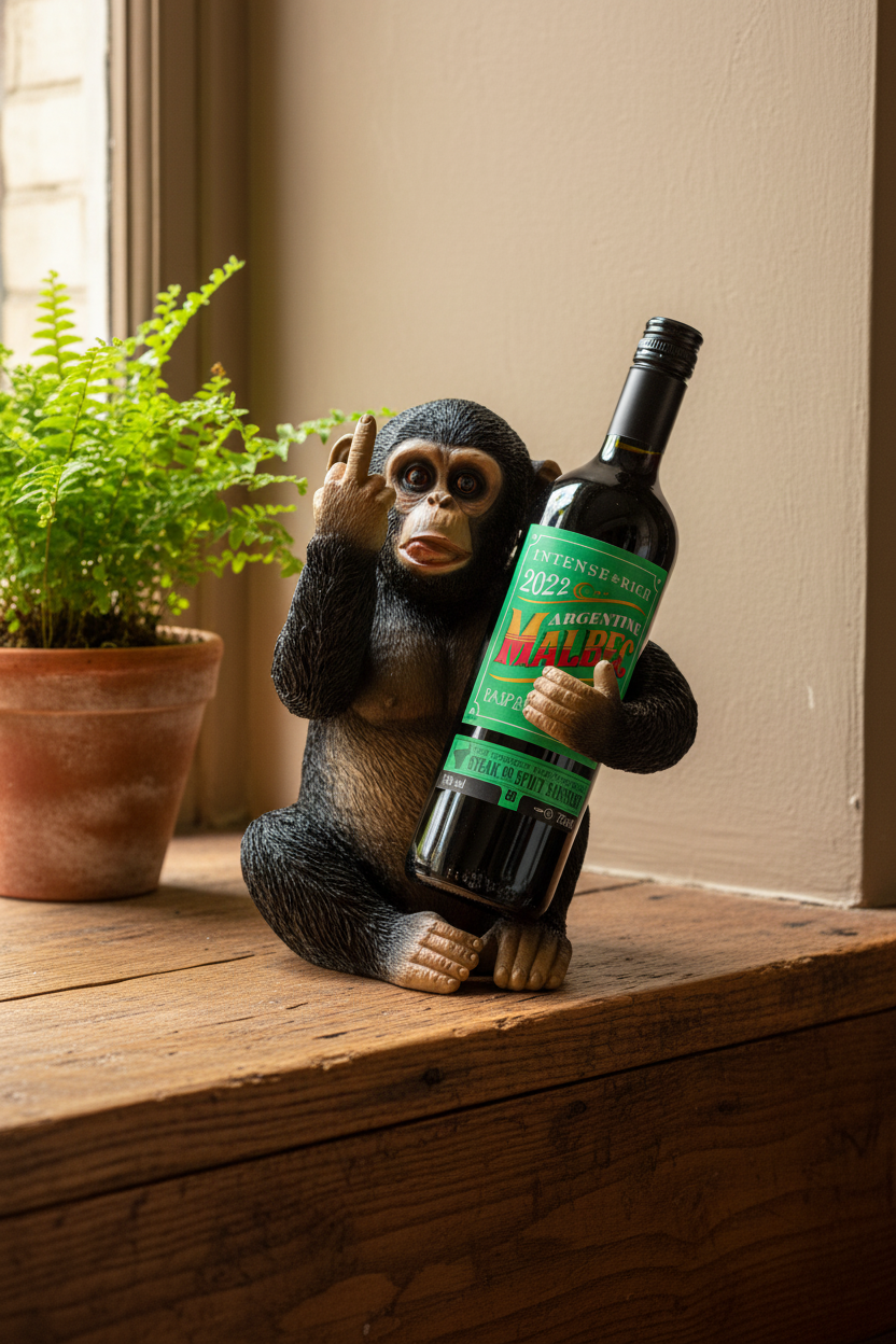 A novelty figurine of a seated chimpanzee holding a wine bottle, placed on a wooden windowsill next to a potted fern.