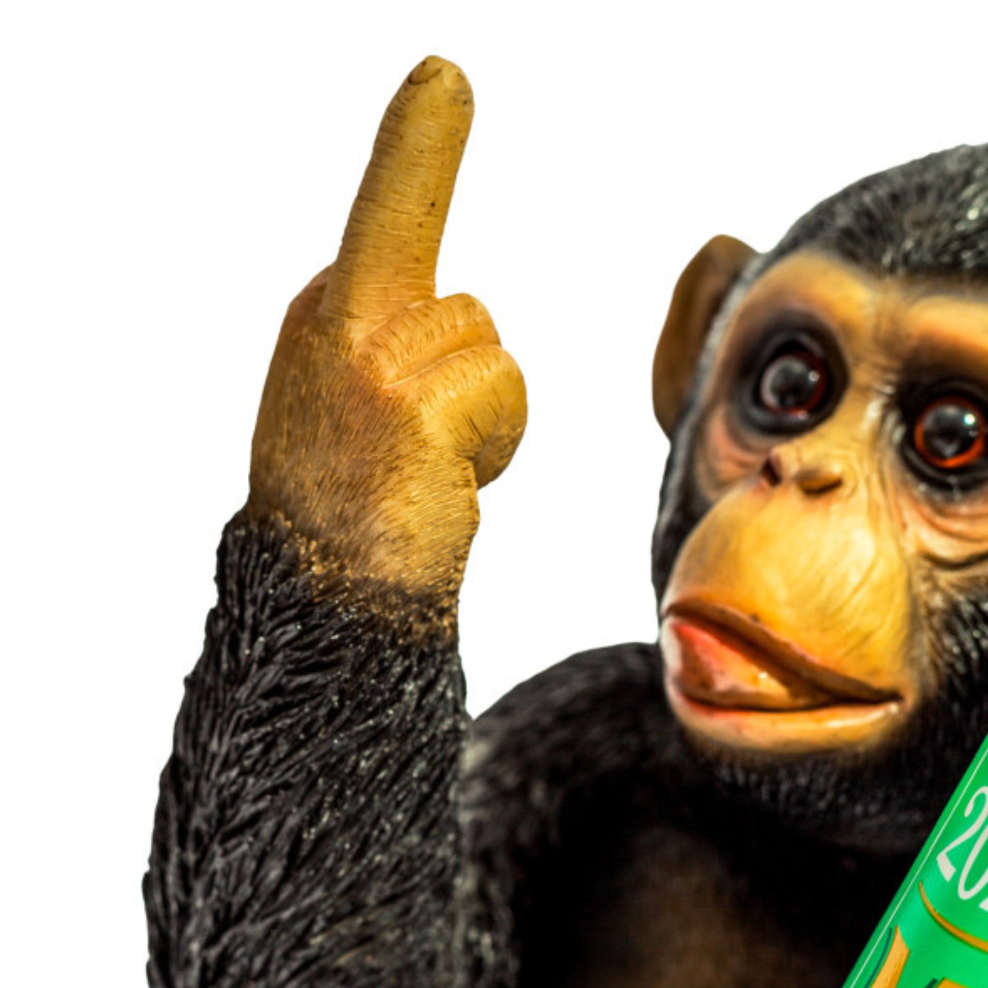 A close-up of a chimpanzee figurine or toy against a plain white background, with the animal's face and raised hand visible and part of a green object in the lower right corner.