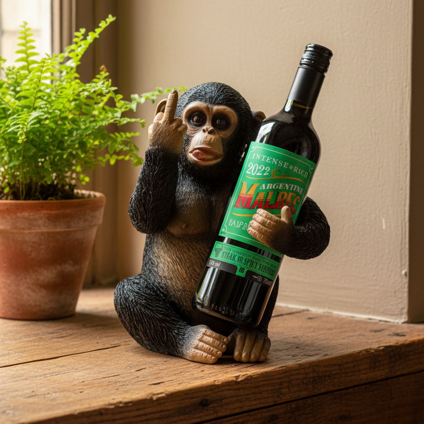 A novelty figurine of a seated chimpanzee holding a large wine bottle with a green label reading 'Malbec' and 'Intense & Rich.' The figurine is placed on a wooden surface next to a potted fern in a real indoor setting.