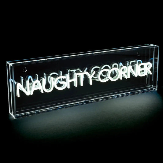 Neon sign with 'NAUGHTY CORNER' text inside a clear acrylic box on a black background