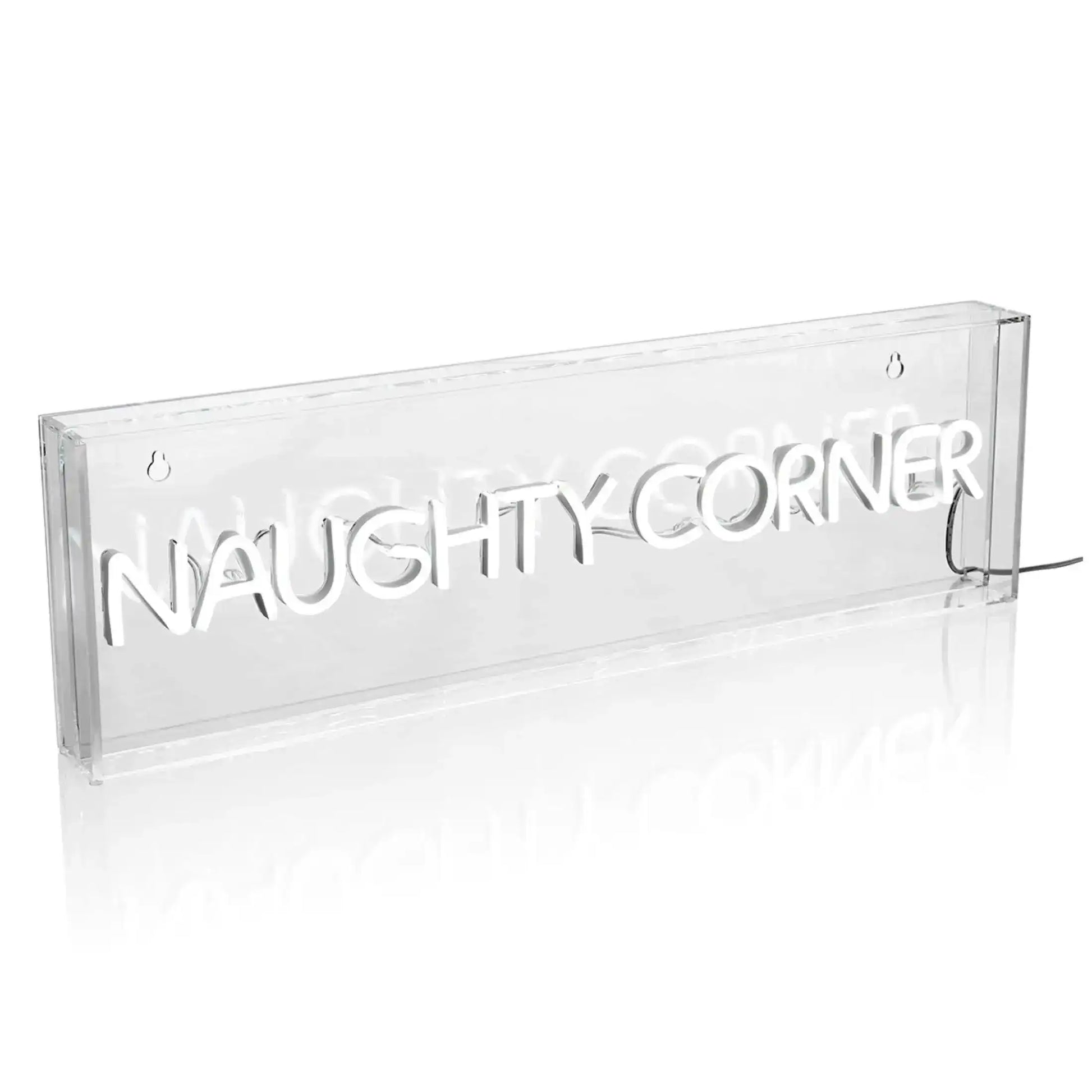 Clear acrylic sign with 'NAUGHTY CORNER' text on a white background