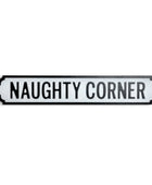 Decorative sign with 'Naughty Corner' text on a white background
