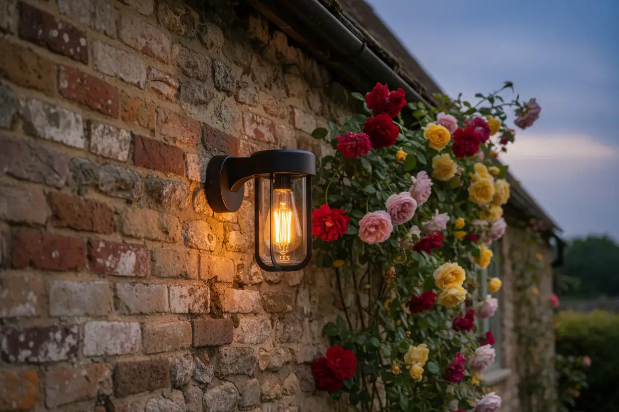 Outdoor wall light fixture on a brick wall with flowers in the foreground