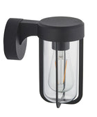 Black outdoor wall light fixture with clear glass cover on a white background