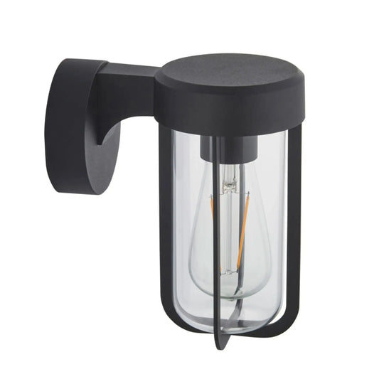 Black outdoor wall light fixture with clear glass cover on a white background