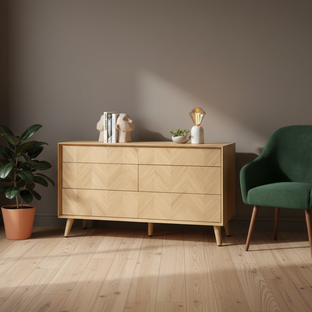 Wooden dresser with decorative items in a room with a green chair and plant.