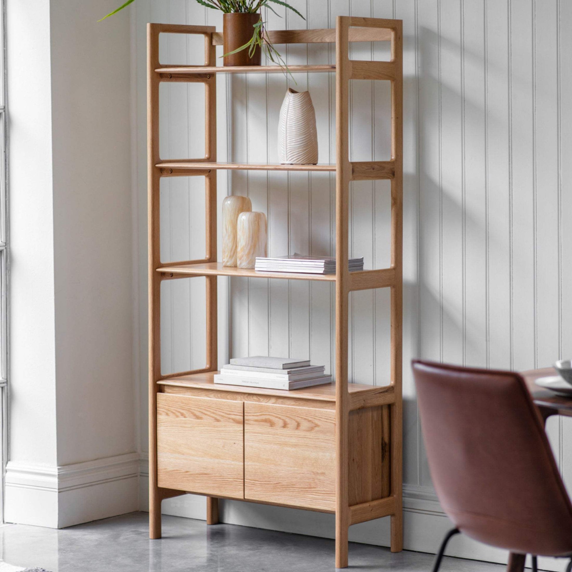 Oak Open Display Shelf Unit with Cupboard - The Farthing