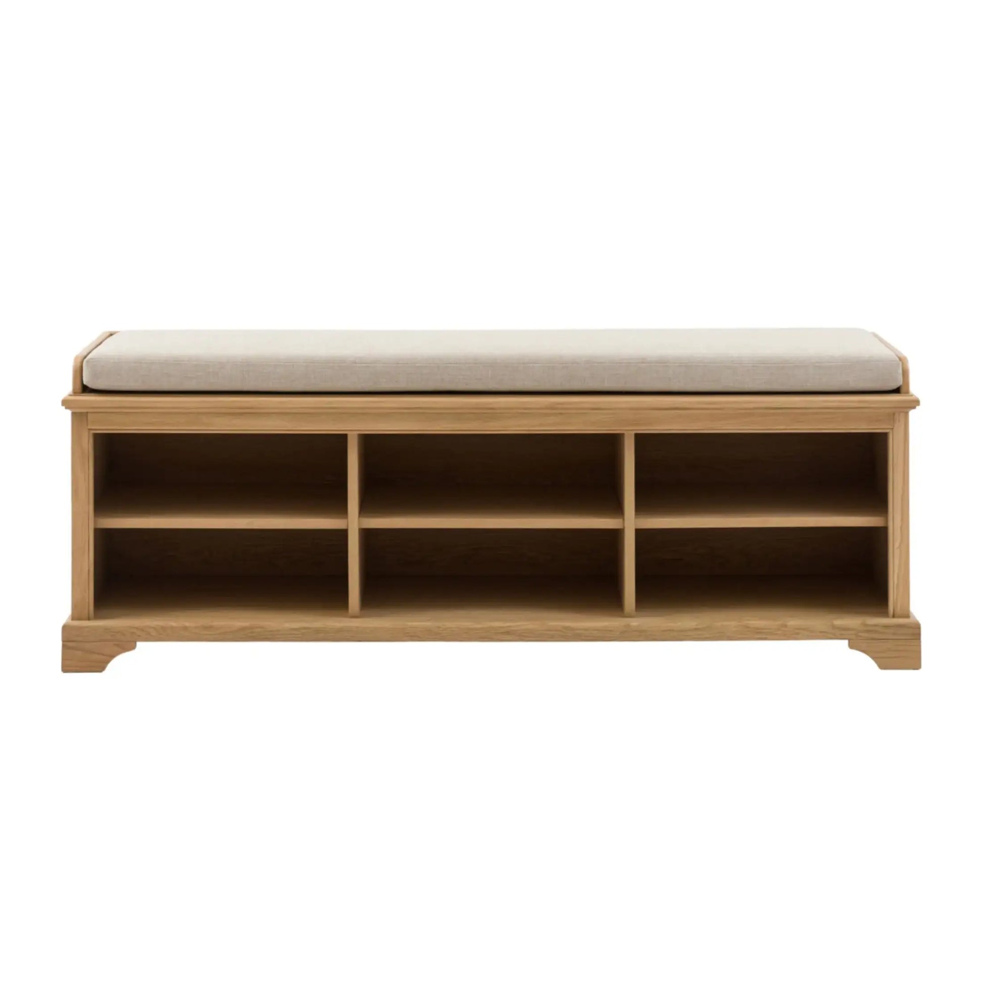 Wooden bench with a cushion on a white background
