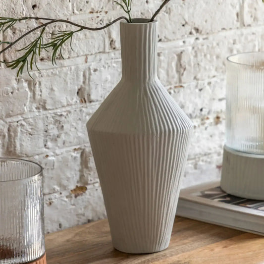 Off White Ribbed Cast Metal Vase