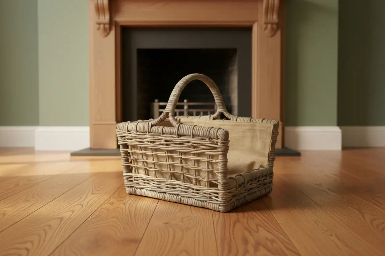 Wicker basket on a wooden floor in front of a fireplace