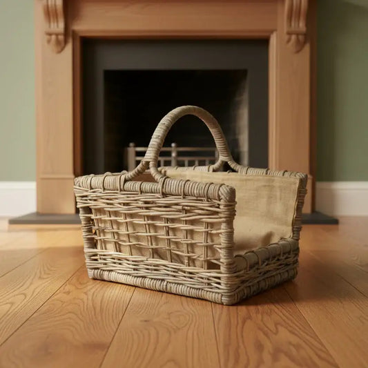 Wicker basket on a wooden floor with a fireplace in the background
