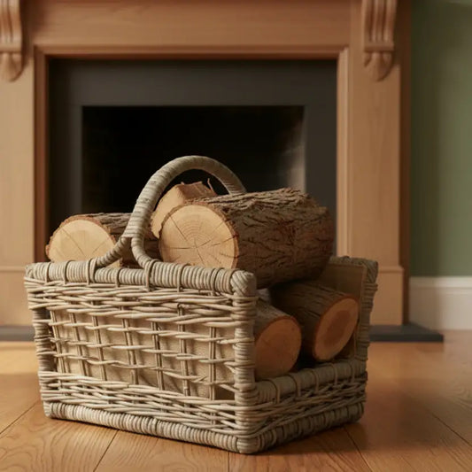 Wicker basket with logs in front of a fireplace