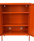 Orange metal storage cabinet with open doors on a white background