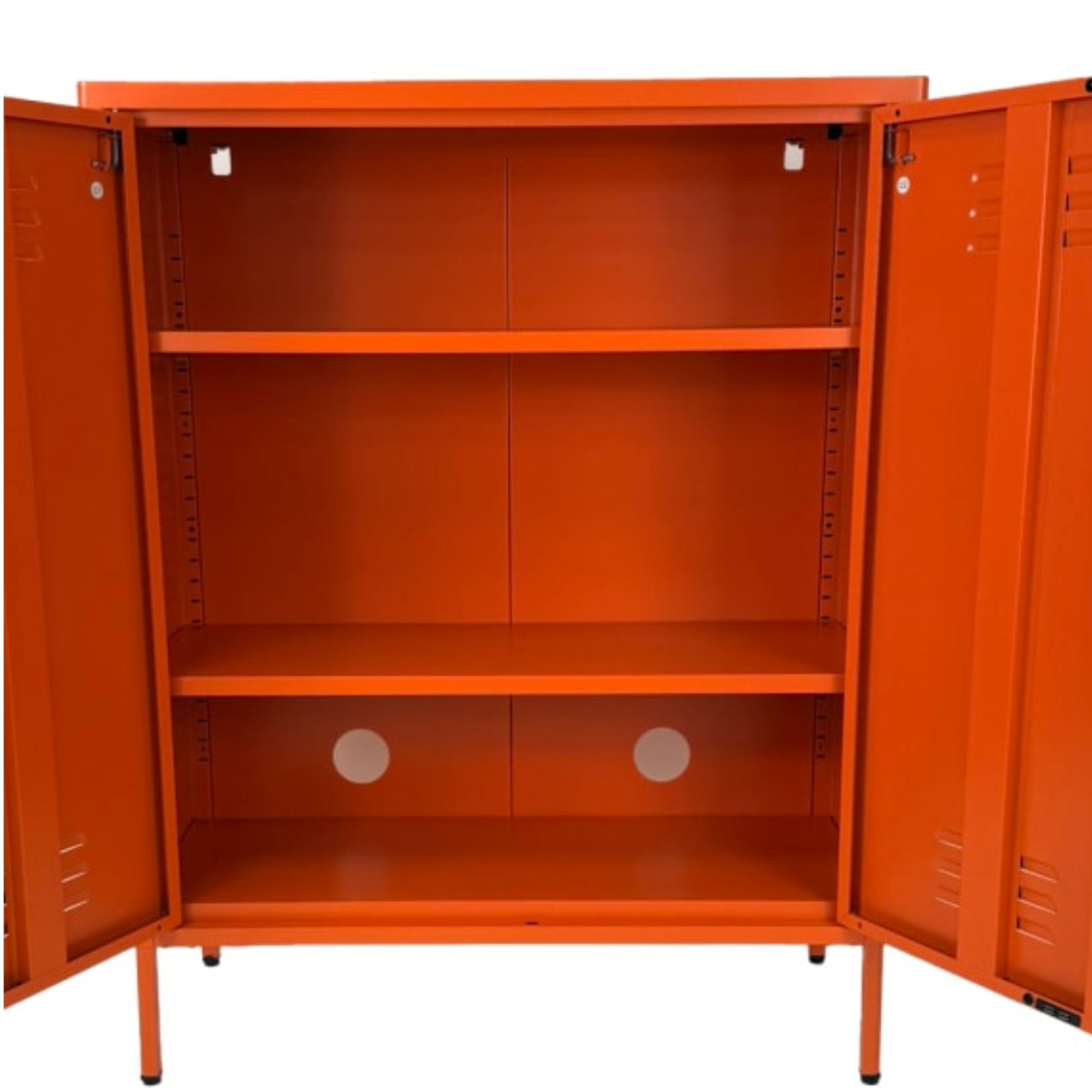 Orange metal storage cabinet with open doors on a white background