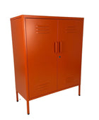 Orange metal cabinet with two doors on a white background