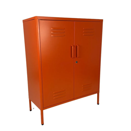 Orange metal cabinet with two doors on a white background