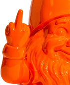 Orange ceramic sculpture of a bearded figure giving the middle finger on a white background